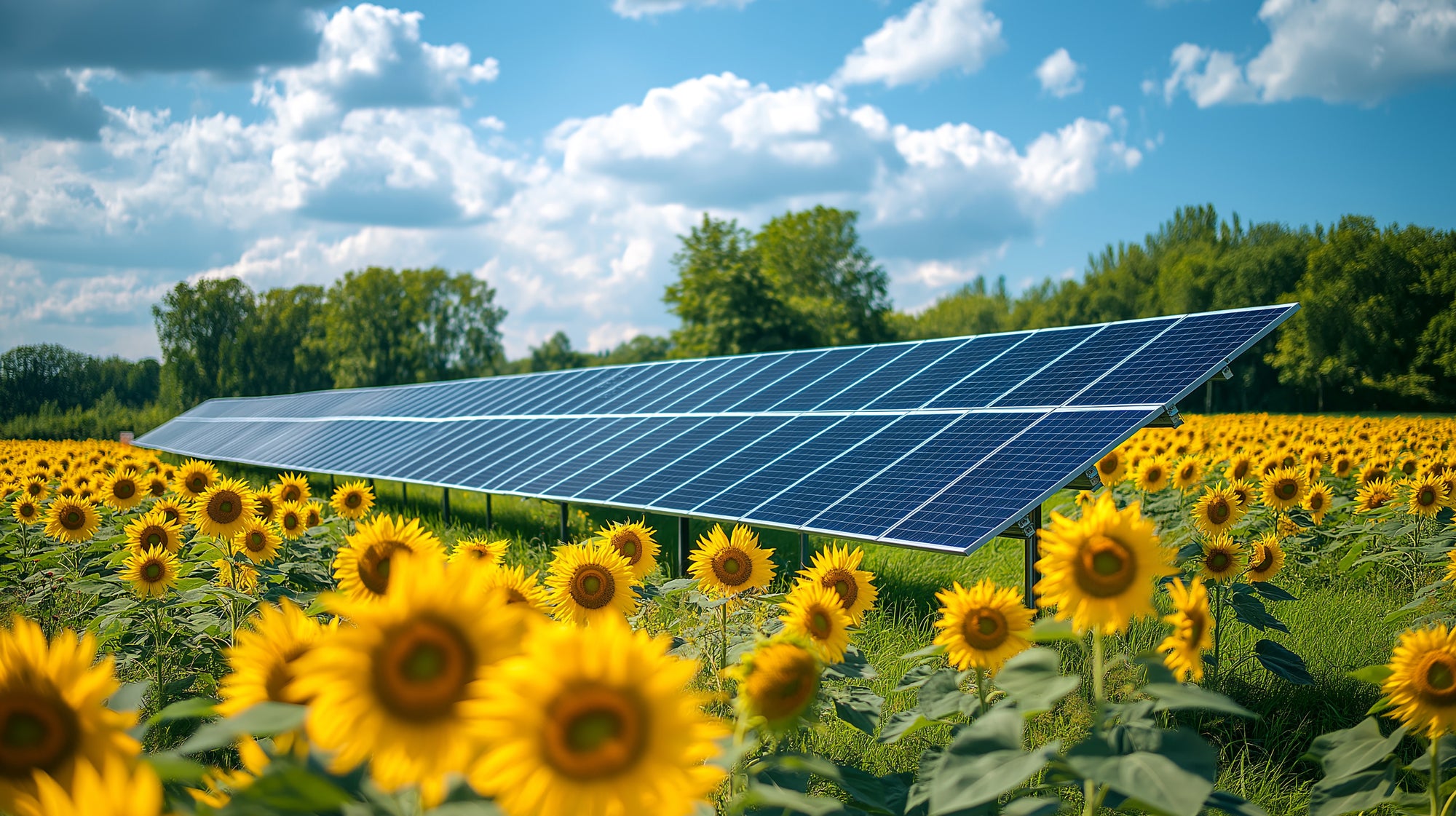 Solar panels surrounded by sunflowers under a bright blue sky